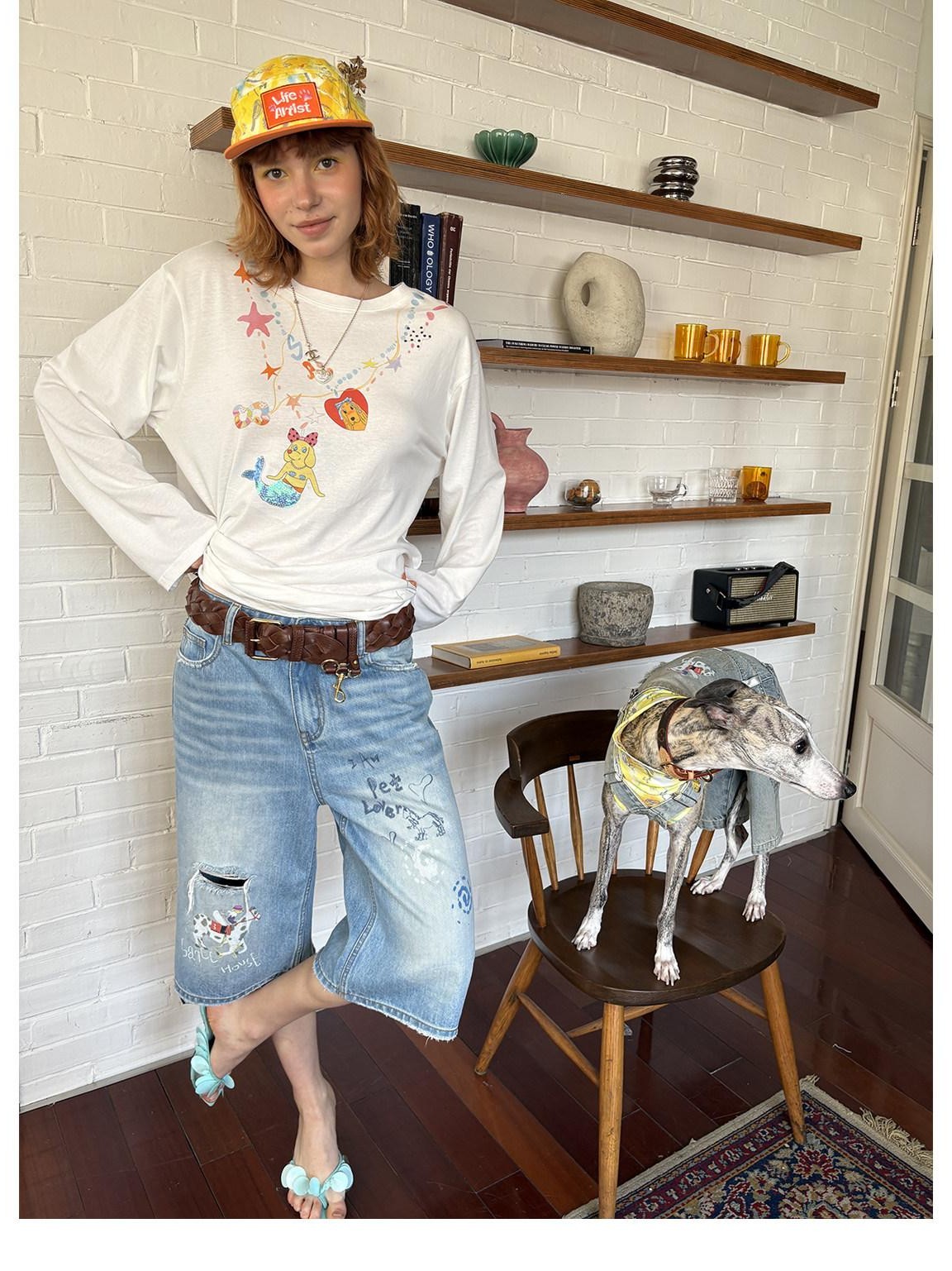 sancco house Light Blue Vintage Washed Graffiti Ripped Straight Women&