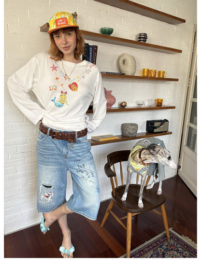 sancco house Light Blue Vintage Washed Graffiti Ripped Straight Women&