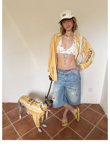 sancco house Light Blue Vintage Washed Graffiti Ripped Straight Women&
