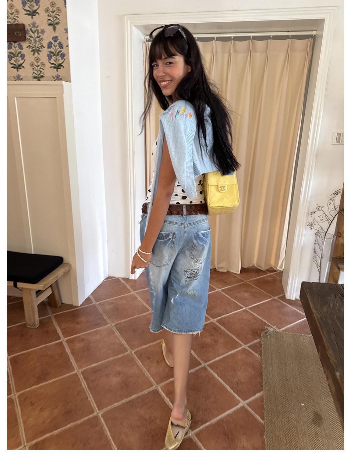 sancco house Light Blue Vintage Washed Graffiti Ripped Straight Women&