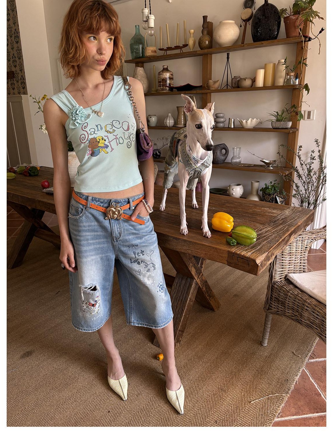 sancco house Light Blue Vintage Washed Graffiti Ripped Straight Women&