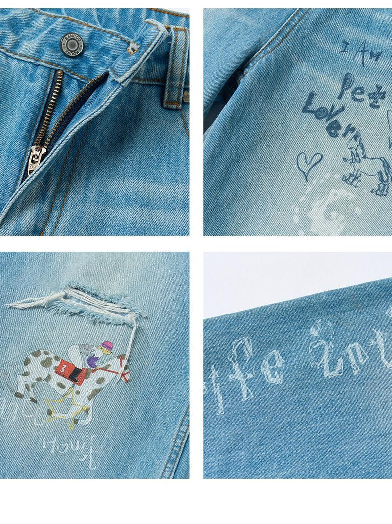 sancco house Light Blue Vintage Washed Graffiti Ripped Straight Women&