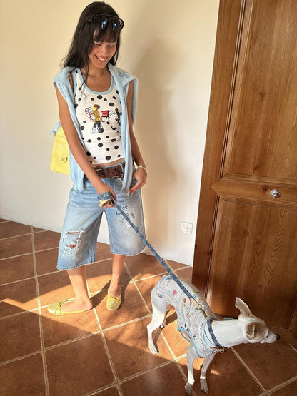 sancco house Light Blue Vintage Washed Graffiti Ripped Straight Women&
