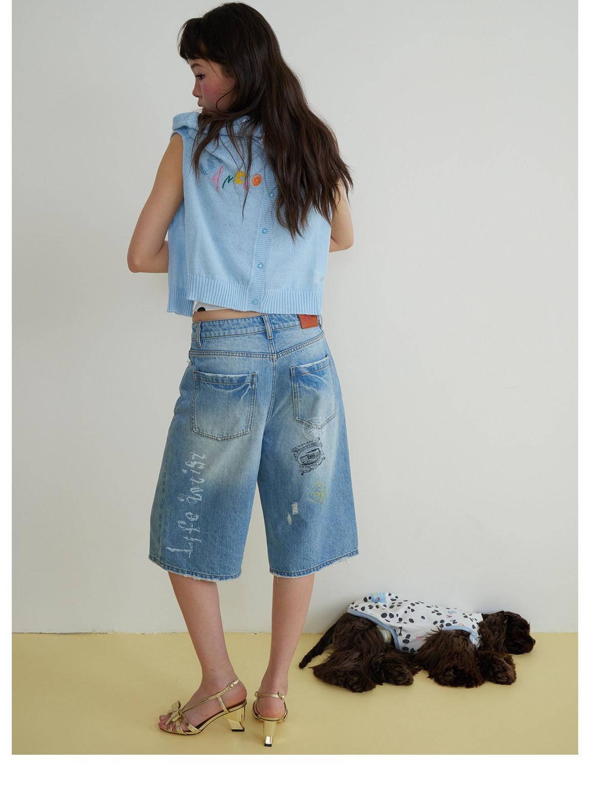 sancco house Light Blue Vintage Washed Graffiti Ripped Straight Women&