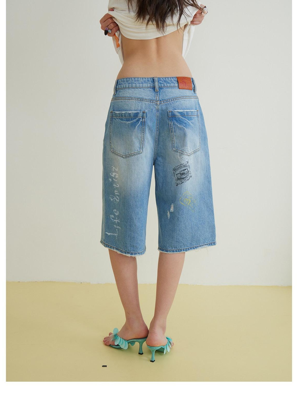 sancco house Light Blue Vintage Washed Graffiti Ripped Straight Women&
