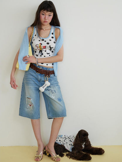 sancco house Light Blue Washed Graffiti Ripped Straight Women&