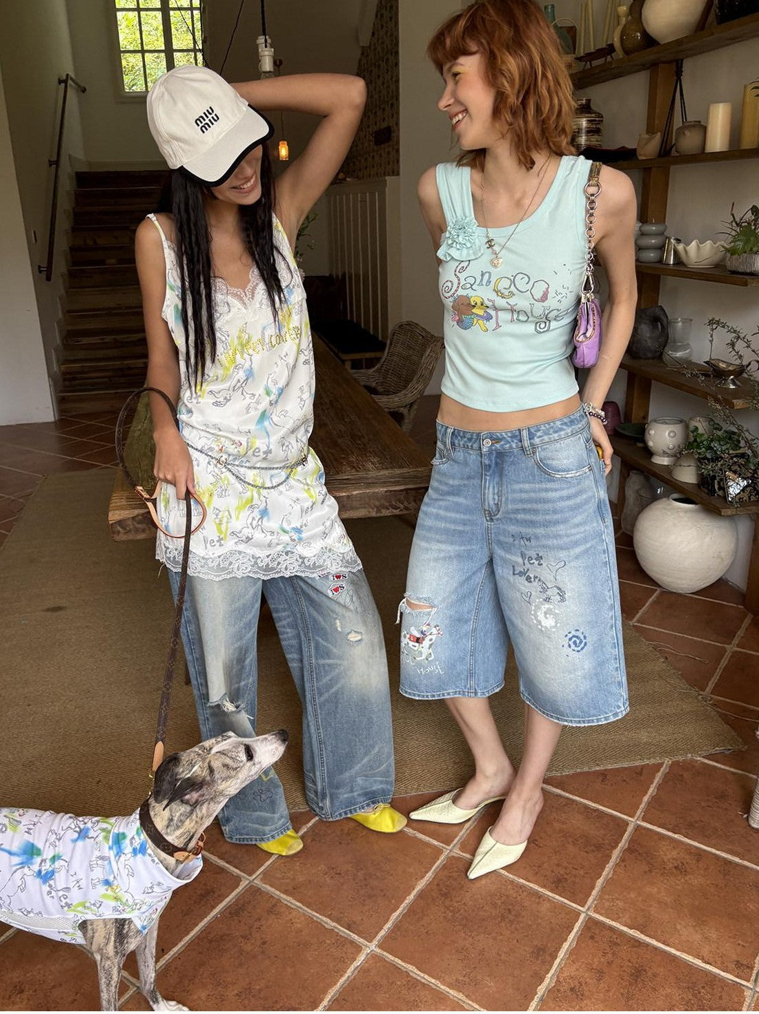 sancco house Light Blue Washed Graffiti Ripped Straight Women&