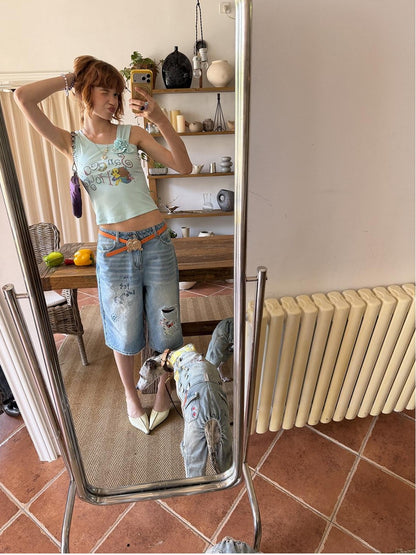 sancco house Light Blue Washed Graffiti Ripped Straight Women&