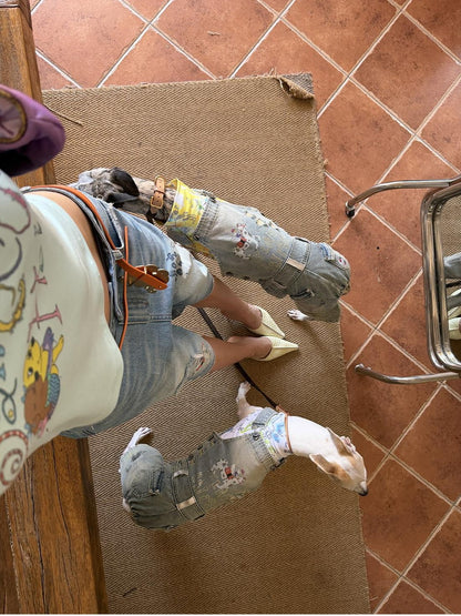 sancco house Light Blue Washed Graffiti Ripped Straight Women&