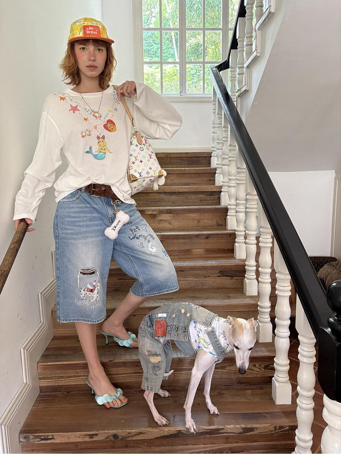 sancco house Light Blue Washed Graffiti Ripped Straight Women&