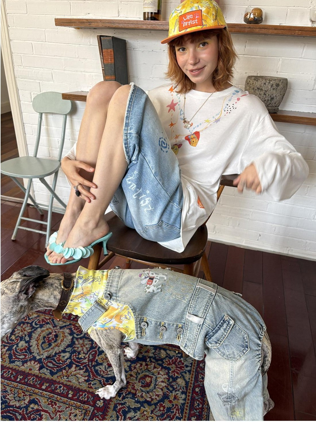 sancco house Light Blue Washed Graffiti Ripped Straight Women&