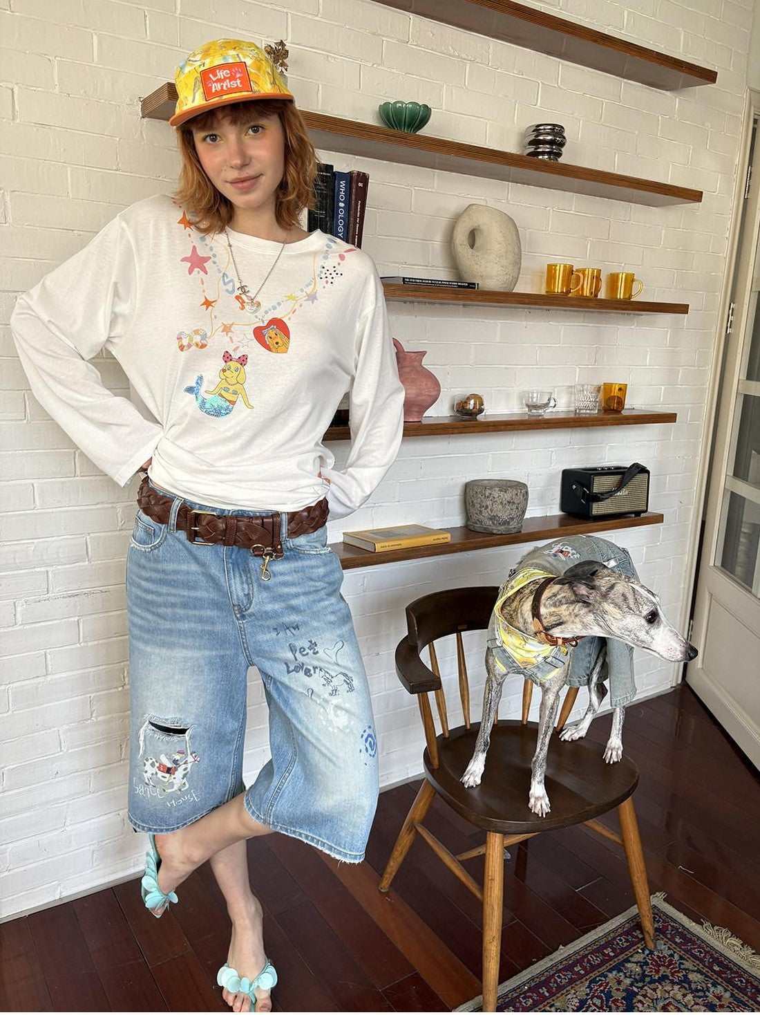 sancco house Light Blue Washed Graffiti Ripped Straight Women&
