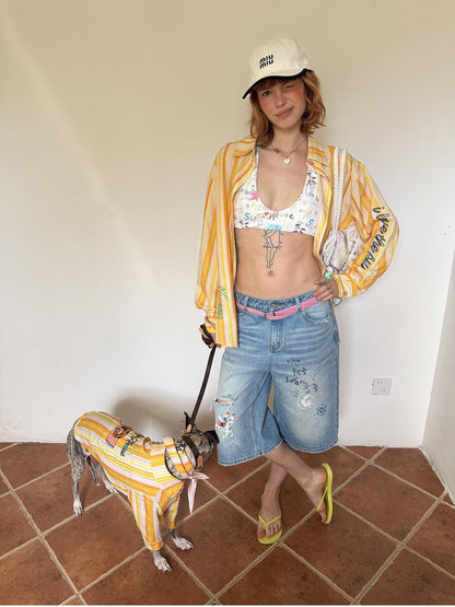 sancco house Light Blue Washed Graffiti Ripped Straight Women&