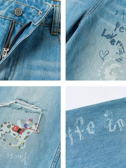 sancco house Light Blue Washed Graffiti Ripped Straight Women&