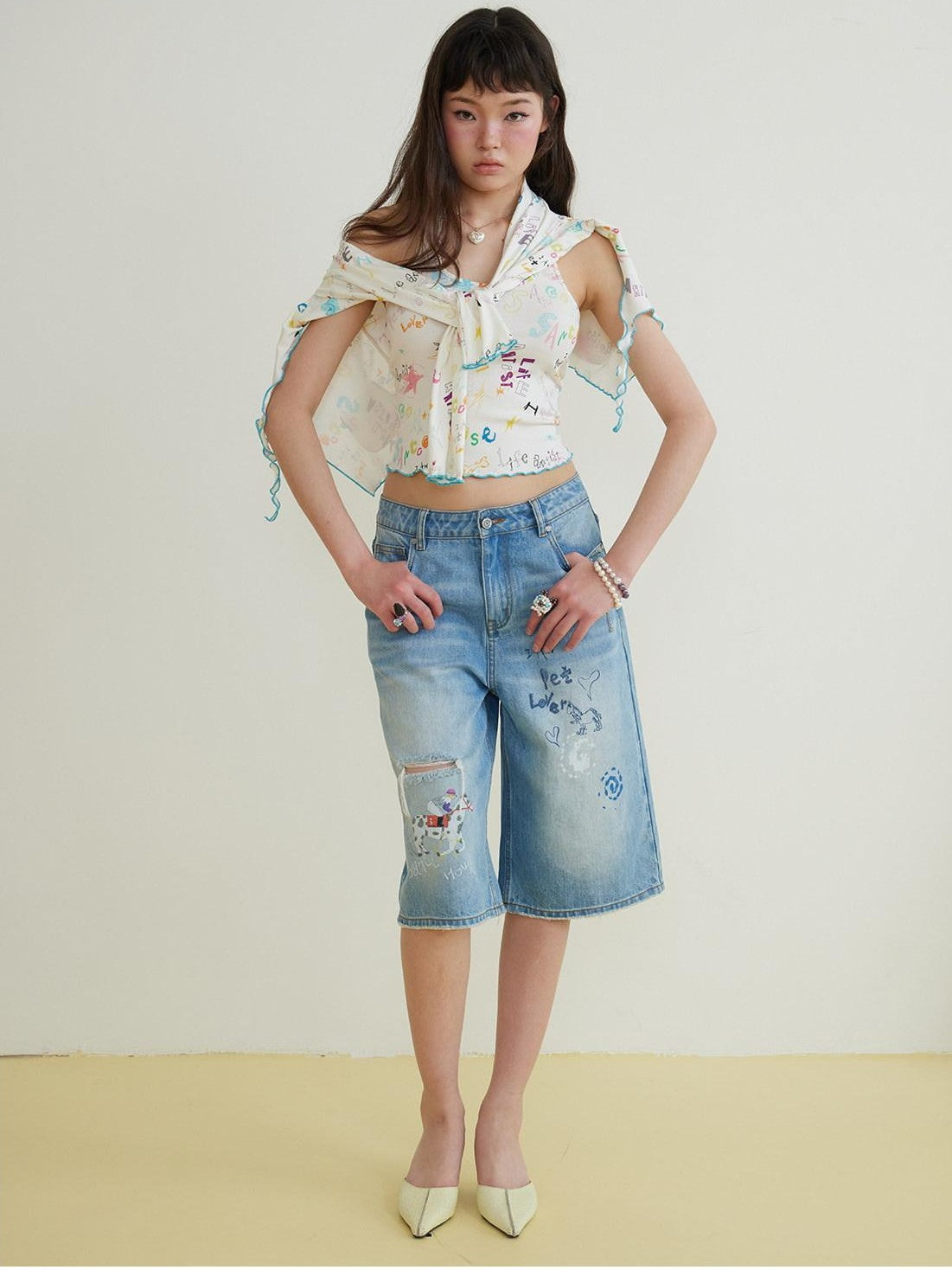 sancco house Light Blue Washed Graffiti Ripped Straight Women&