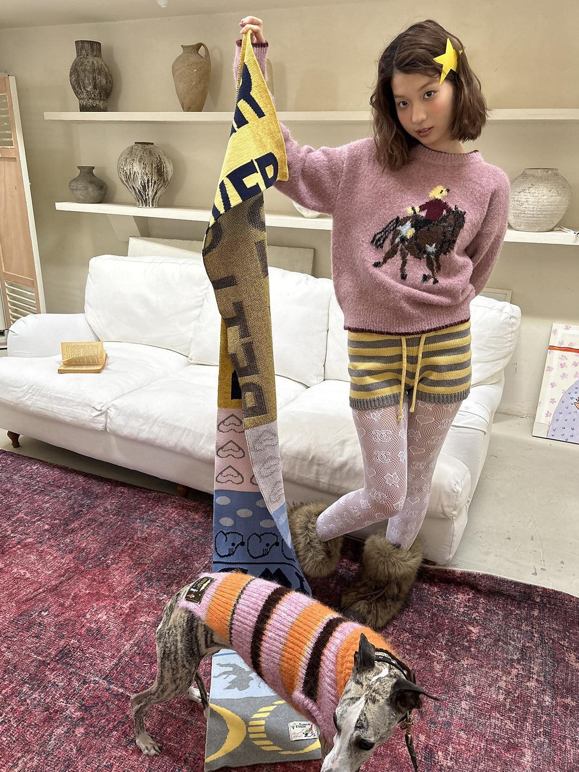 sancco house Matching Pet Colorblock Letter Jacquard Women&