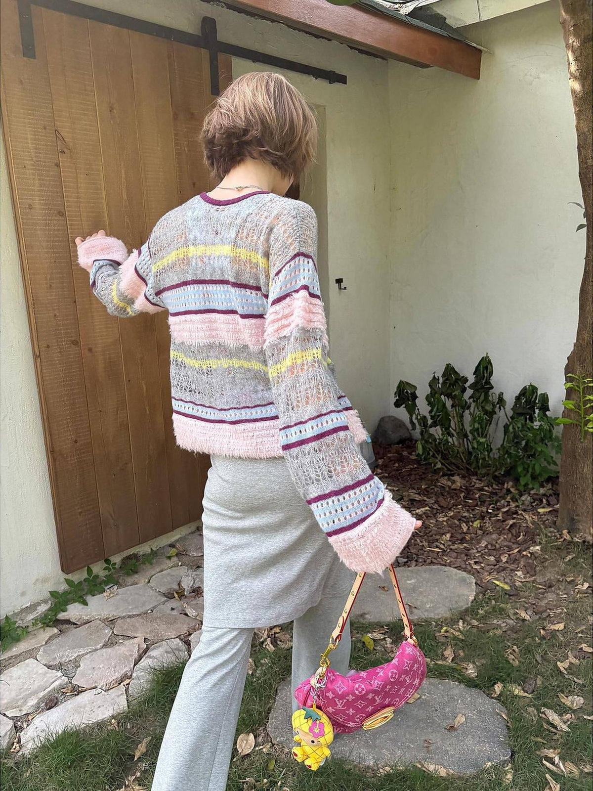 sancco house Merino Wool Alpaca Color Block Cutout Tie Front Long Sleeve Women&