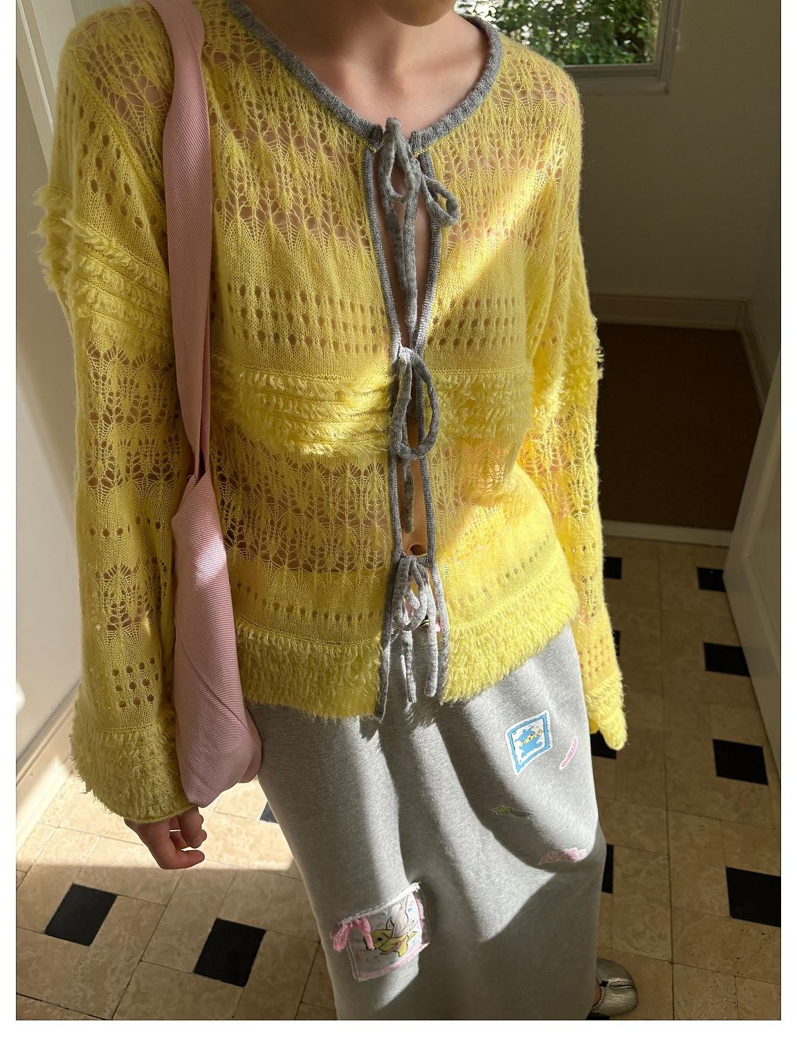 sancco house Merino Wool Alpaca Color Block Cutout Tie Front Long Sleeve Women&