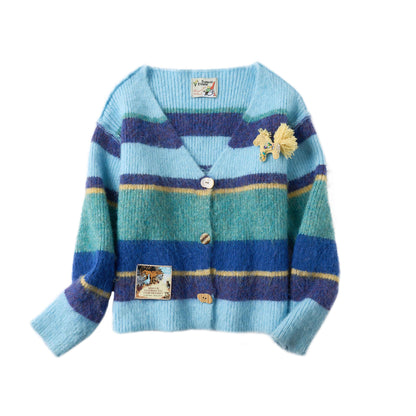 sancco_house_Multicolor_Stripe_Contrast_Knit_V-neck_Women&