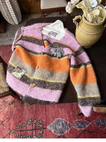 sancco house Multicolor Stripe Contrast Knit V-neck Women&
