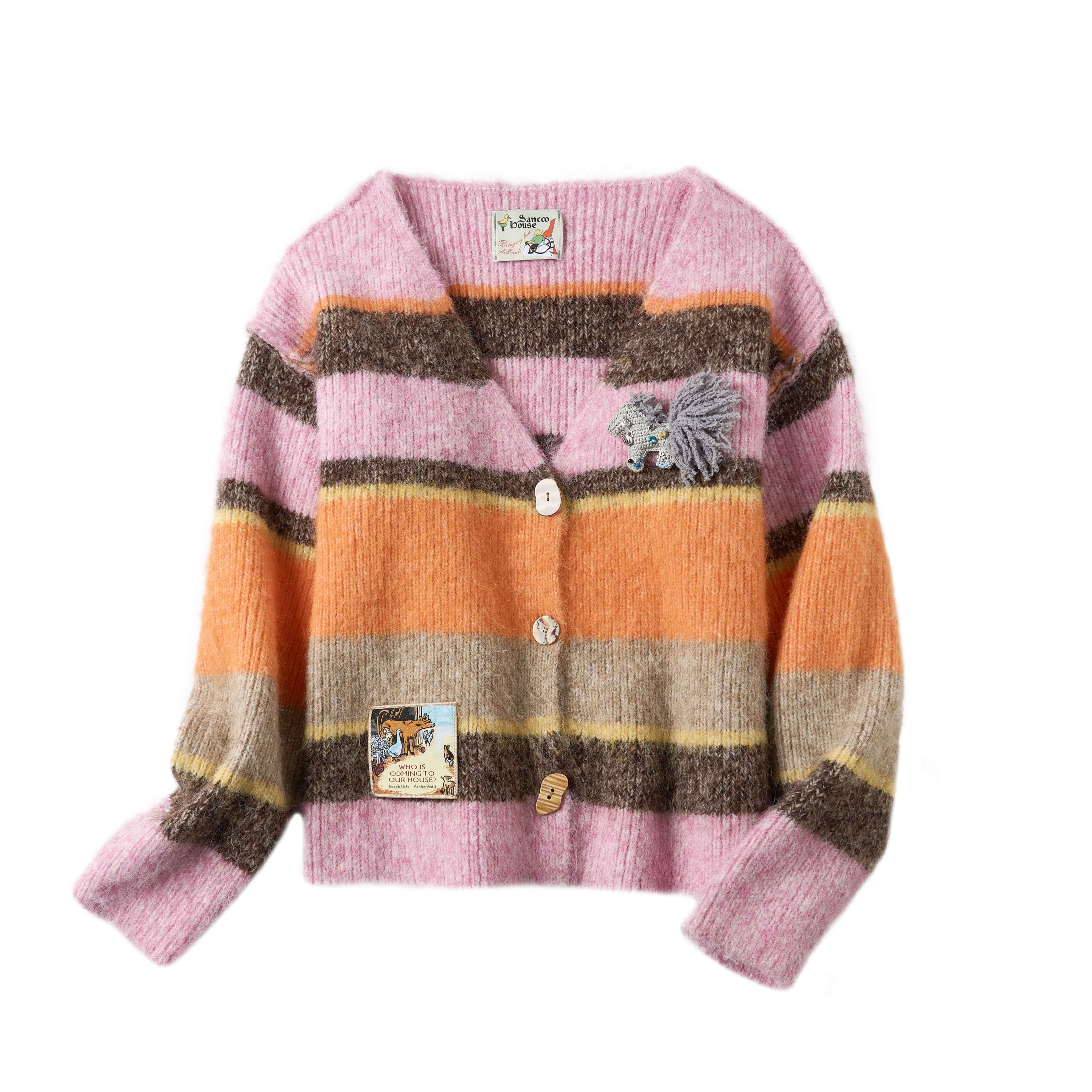 sancco_house_Multicolor_Striped_Contrast_V-neck_Loose_Knit_Women&