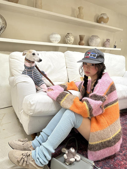 sancco house Multicolor Striped Contrast V-neck Loose Knit Women&