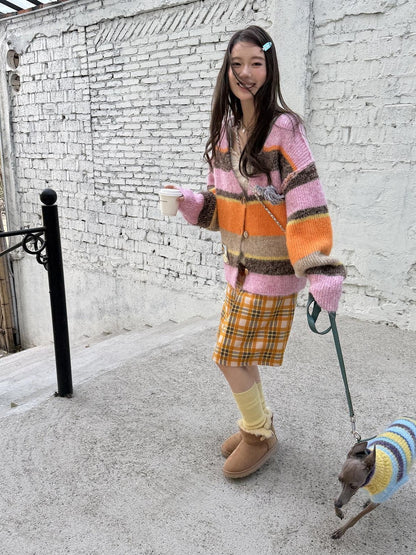 sancco house Multicolor Striped Contrast V-neck Loose Knit Women&