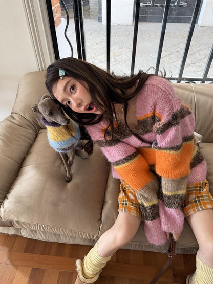 sancco house Multicolor Striped Contrast V-neck Loose Knit Women&