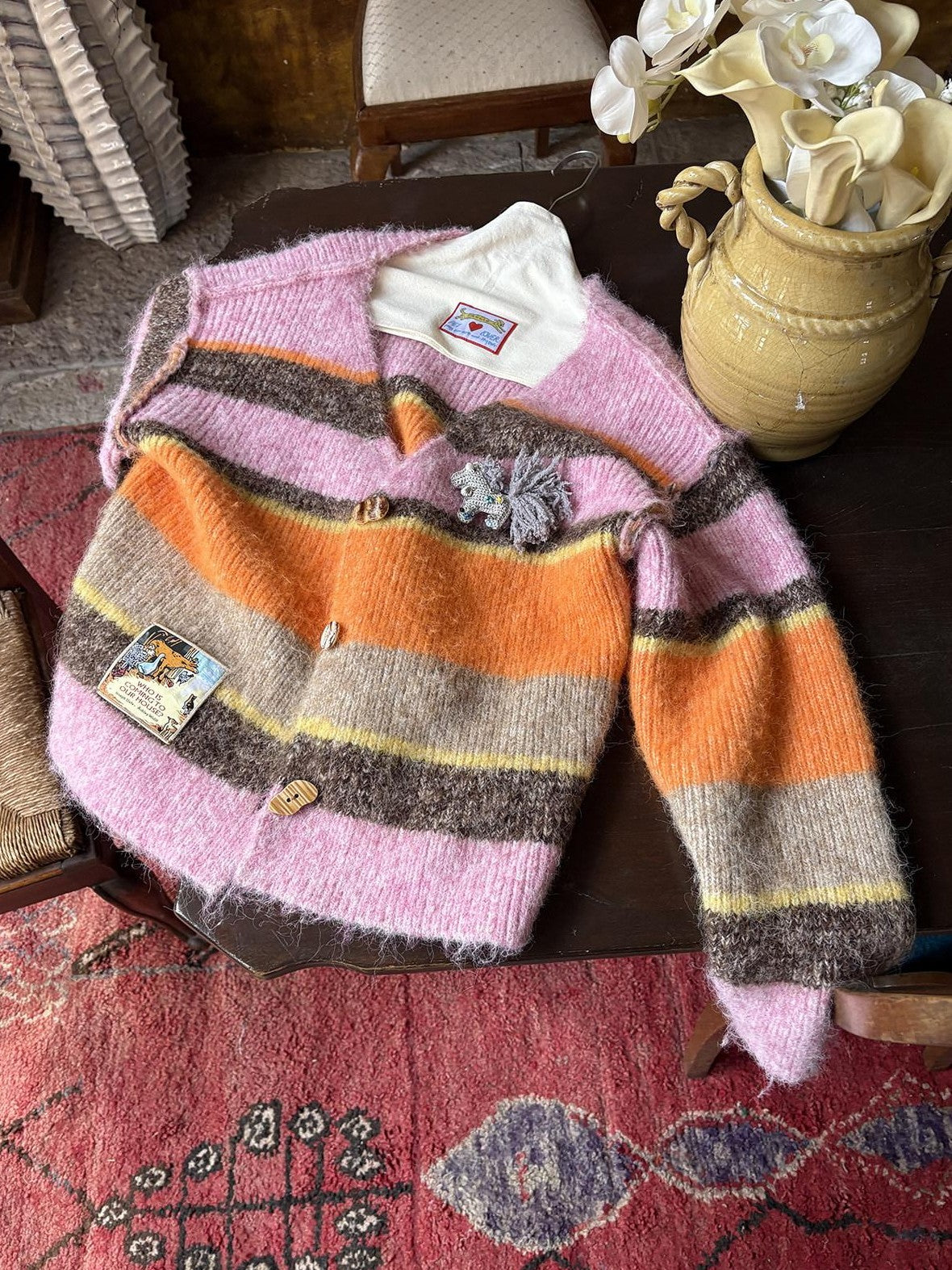 sancco house Multicolor Striped Contrast V-neck Loose Knit Women&