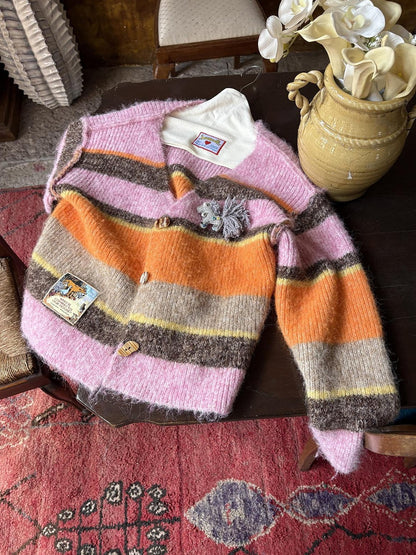 sancco house Multicolor Striped Contrast V-neck Loose Knit Women&
