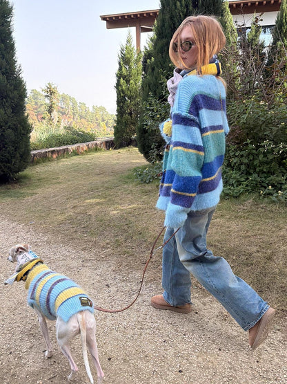 sancco house Multicolor Striped Contrast V-neck Loose Knit Women&