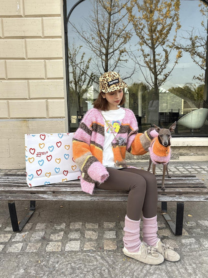 sancco house Multicolor Striped Contrast V-neck Loose Knit Women&