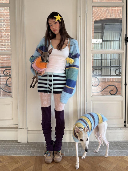 sancco house Multicolor Striped Contrast V-neck Loose Knit Women&