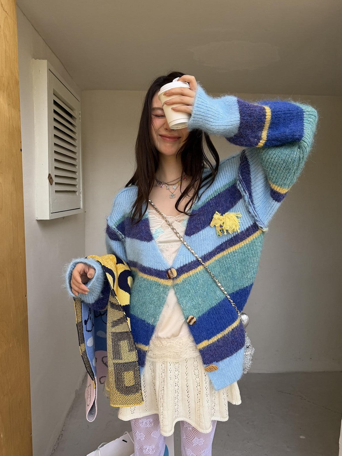 sancco house Multicolor Striped Contrast V-neck Loose Knit Women&