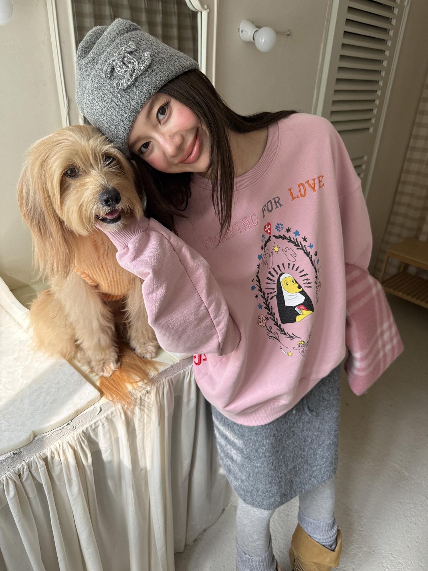 sancco house Nun Puppy Print Washed Vintage Crewneck Women&