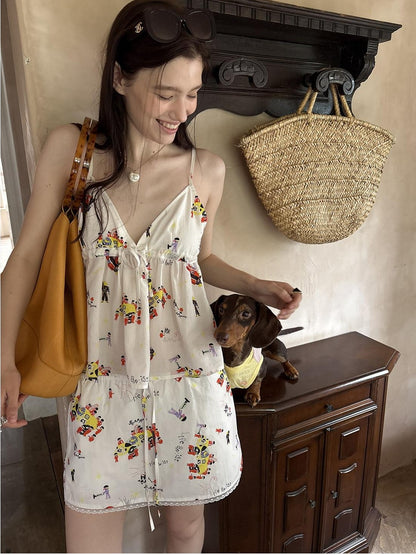 sancco house Original Cute Puppy Print Spaghetti Strap Cropped Women&
