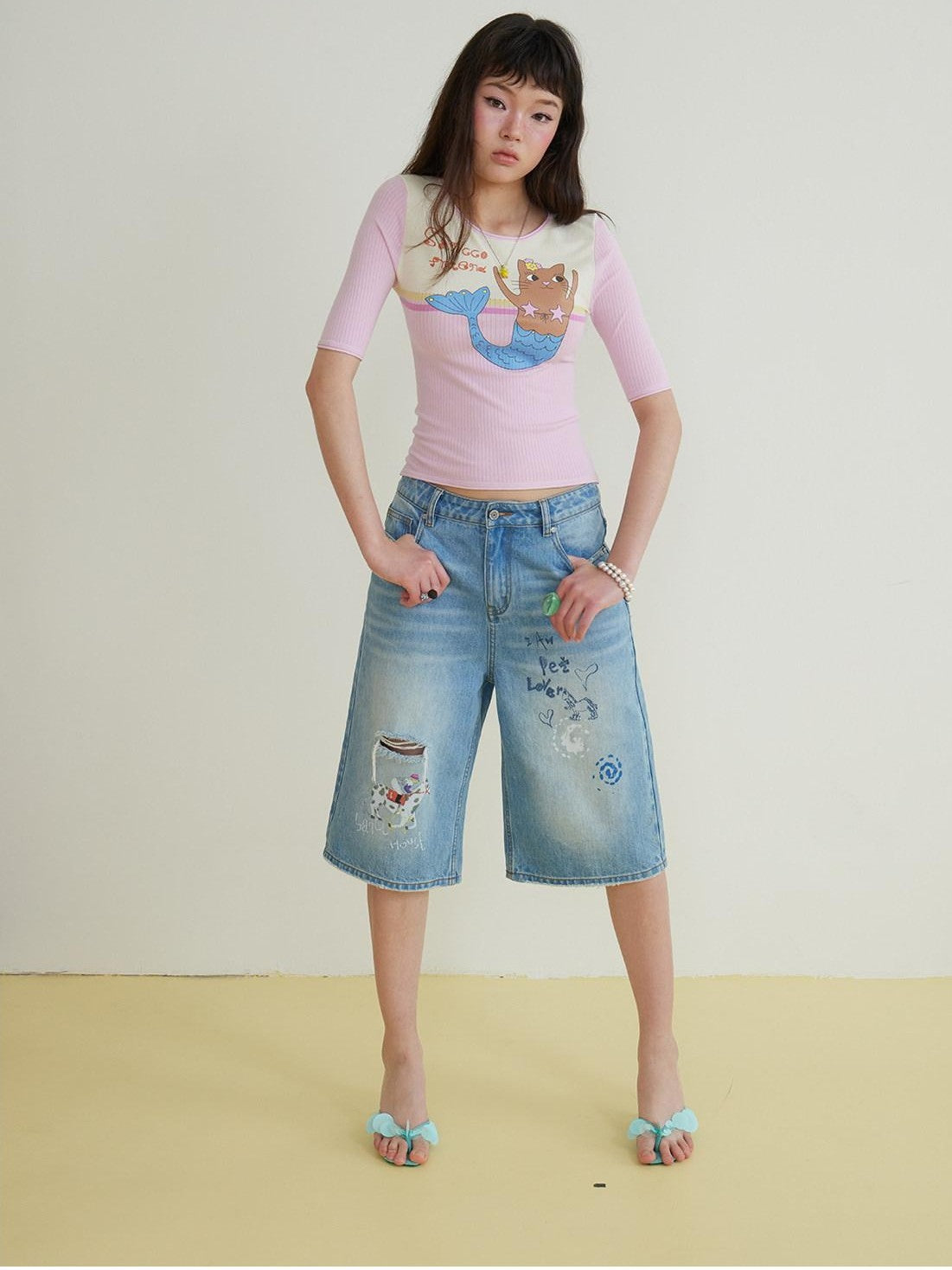 sancco house Original Print Colorblock Slim Rolled Hem Women&