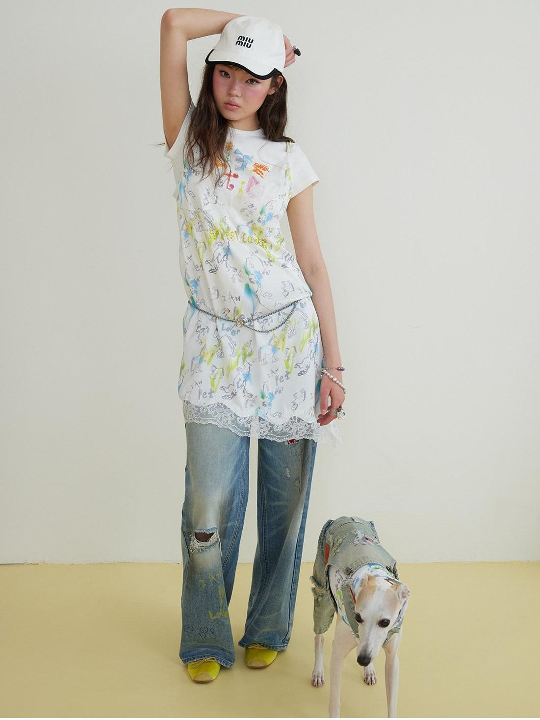 sancco house Original Print Lace Rhinestone V-neck Women&