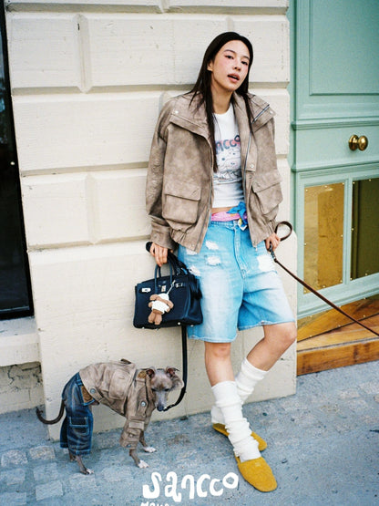 sancco house Oversized Cropped Biker Zip Lapel Street Women&