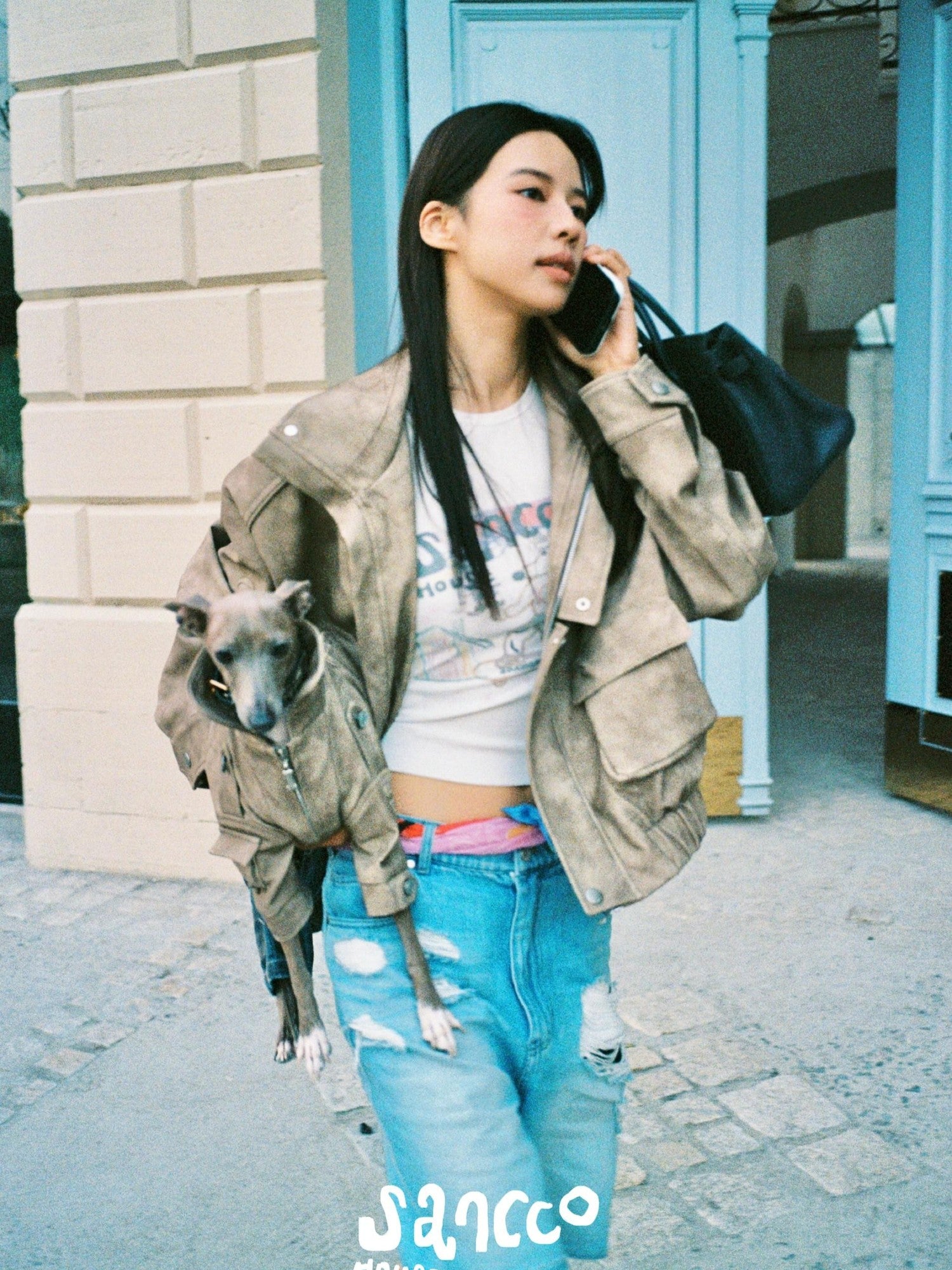 sancco house Oversized Cropped Biker Zip Lapel Street Women&