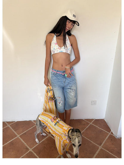 sancco house Painted Graffiti Print Halter Tie V-neck Women&
