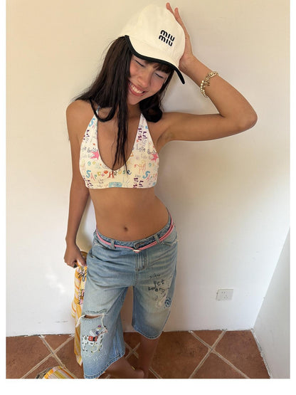 sancco house Painted Graffiti Print Halter Tie V-neck Women&