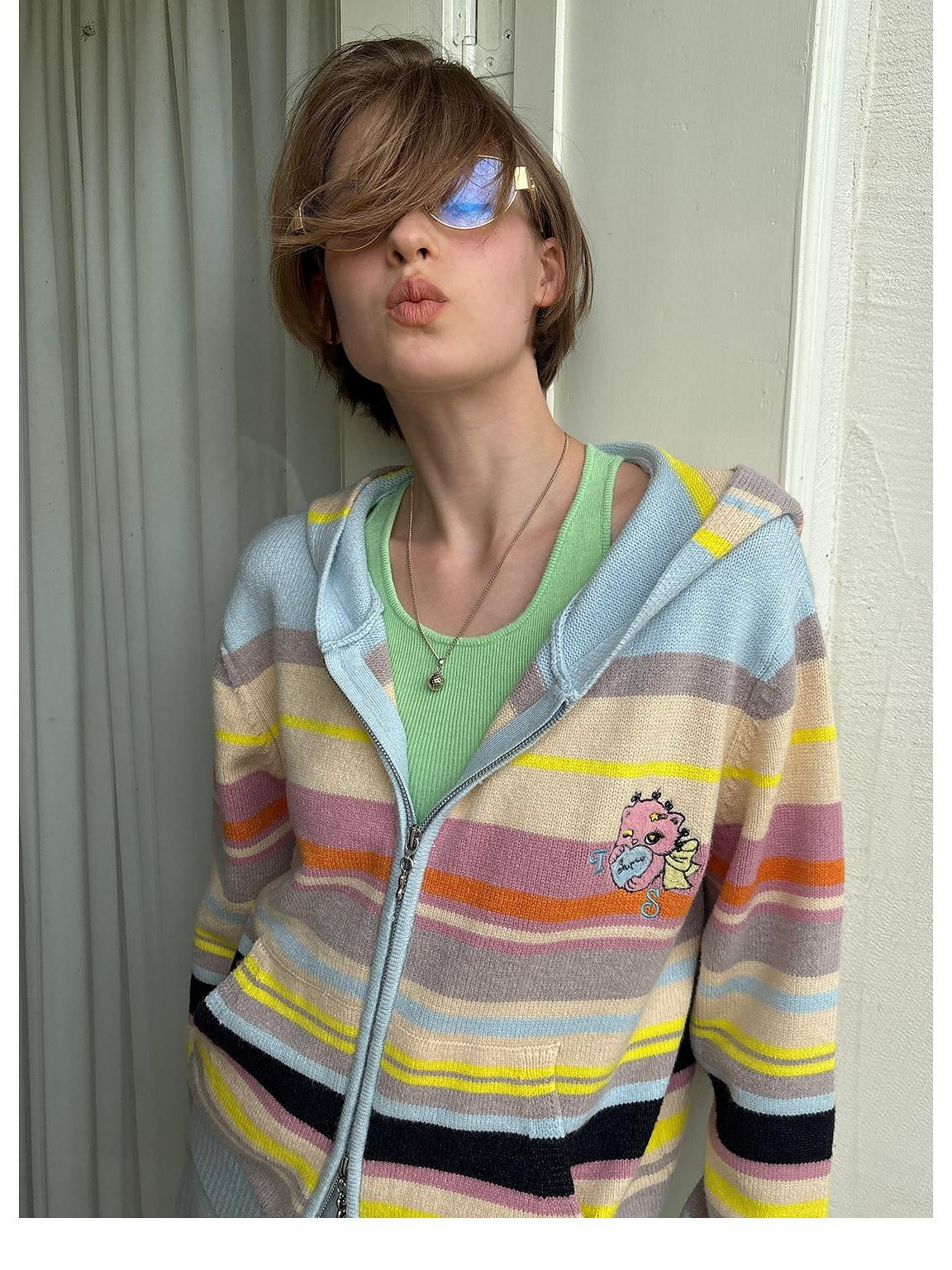 sancco house Playful Cat Retro Colorful Striped Knit Hooded Women&