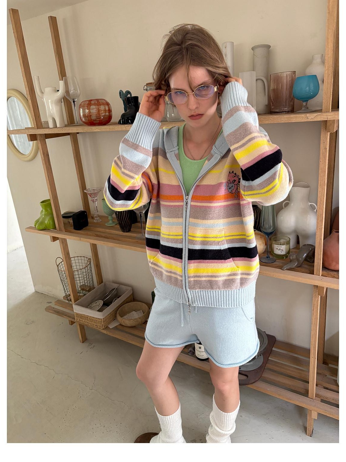 sancco house Playful Cat Retro Colorful Striped Knit Hooded Women&