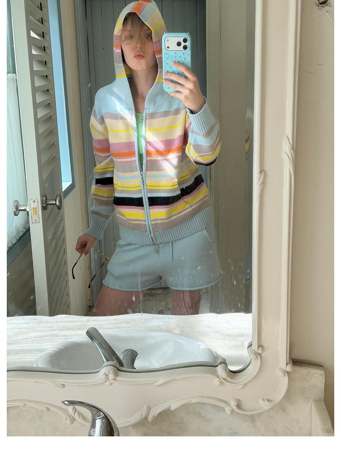 sancco house Playful Cat Retro Colorful Striped Knit Hooded Women&