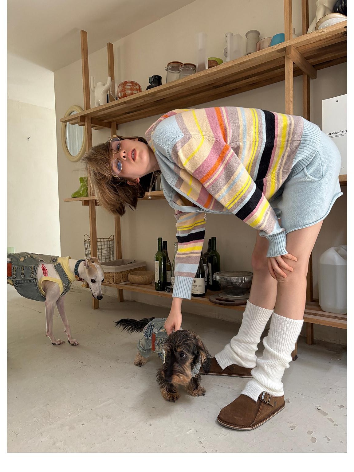 sancco house Playful Cat Retro Colorful Striped Knit Hooded Women&