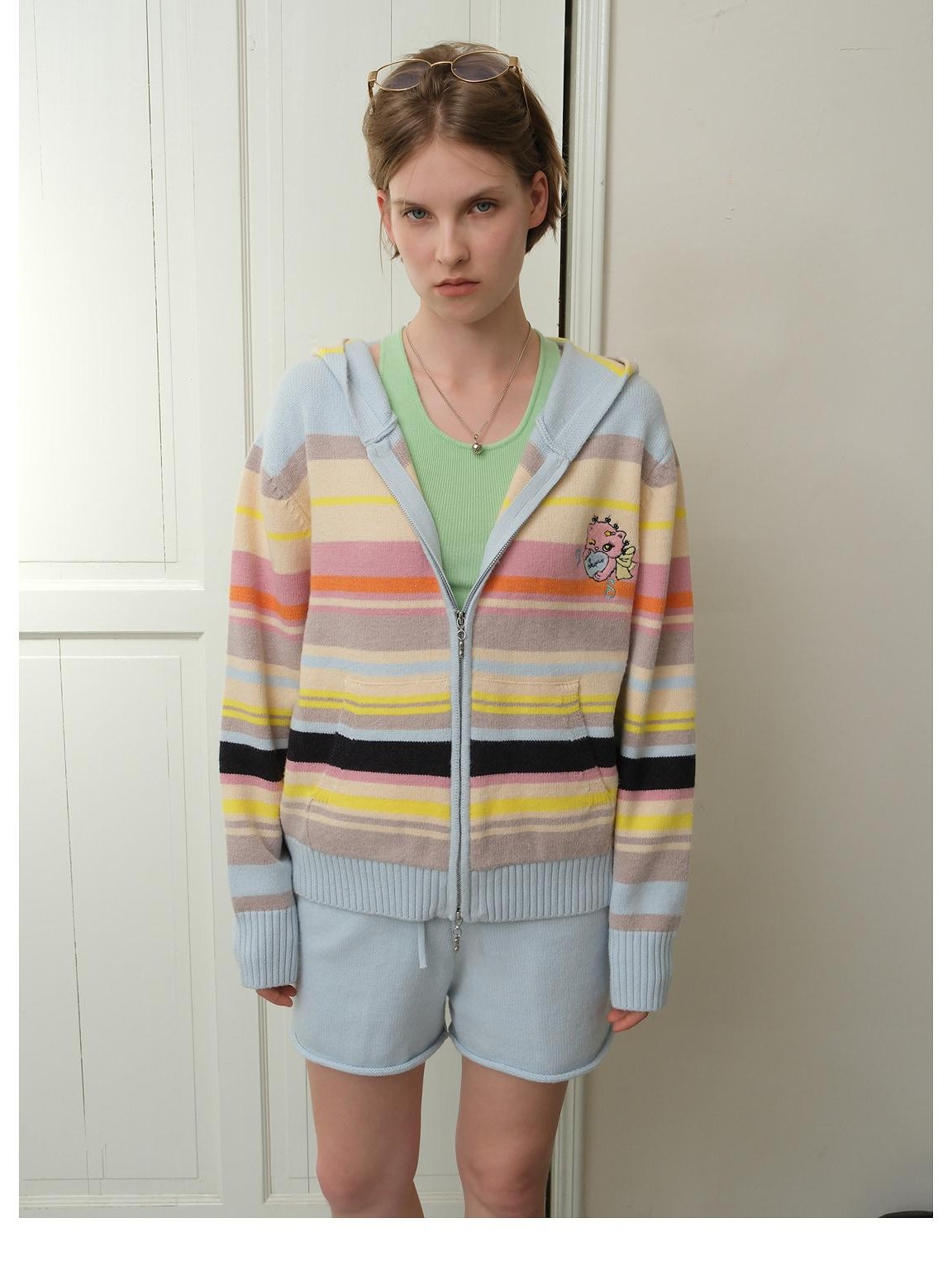 sancco house Playful Cat Retro Colorful Striped Knit Hooded Women&