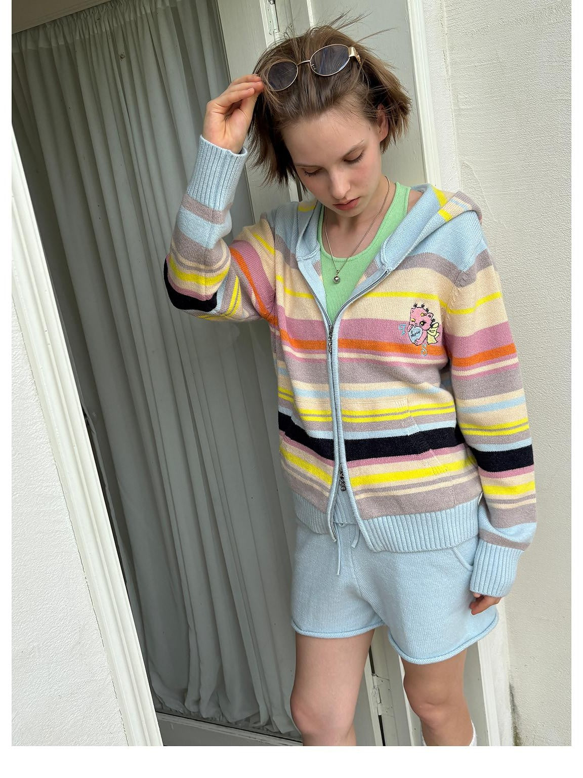 sancco house Playful Cat Retro Colorful Striped Knit Hooded Women&