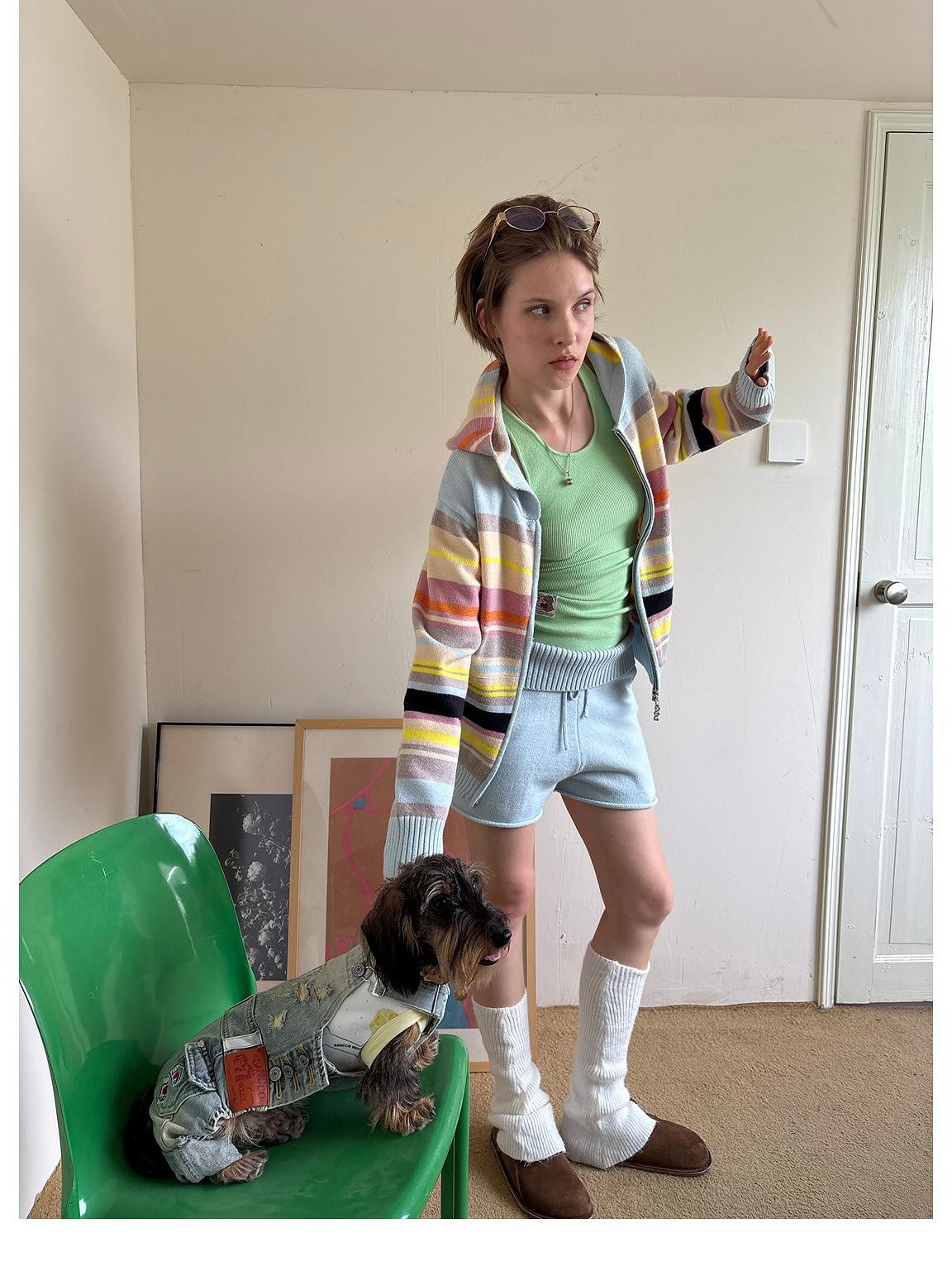 sancco house Playful Cat Retro Colorful Striped Knit Hooded Women&
