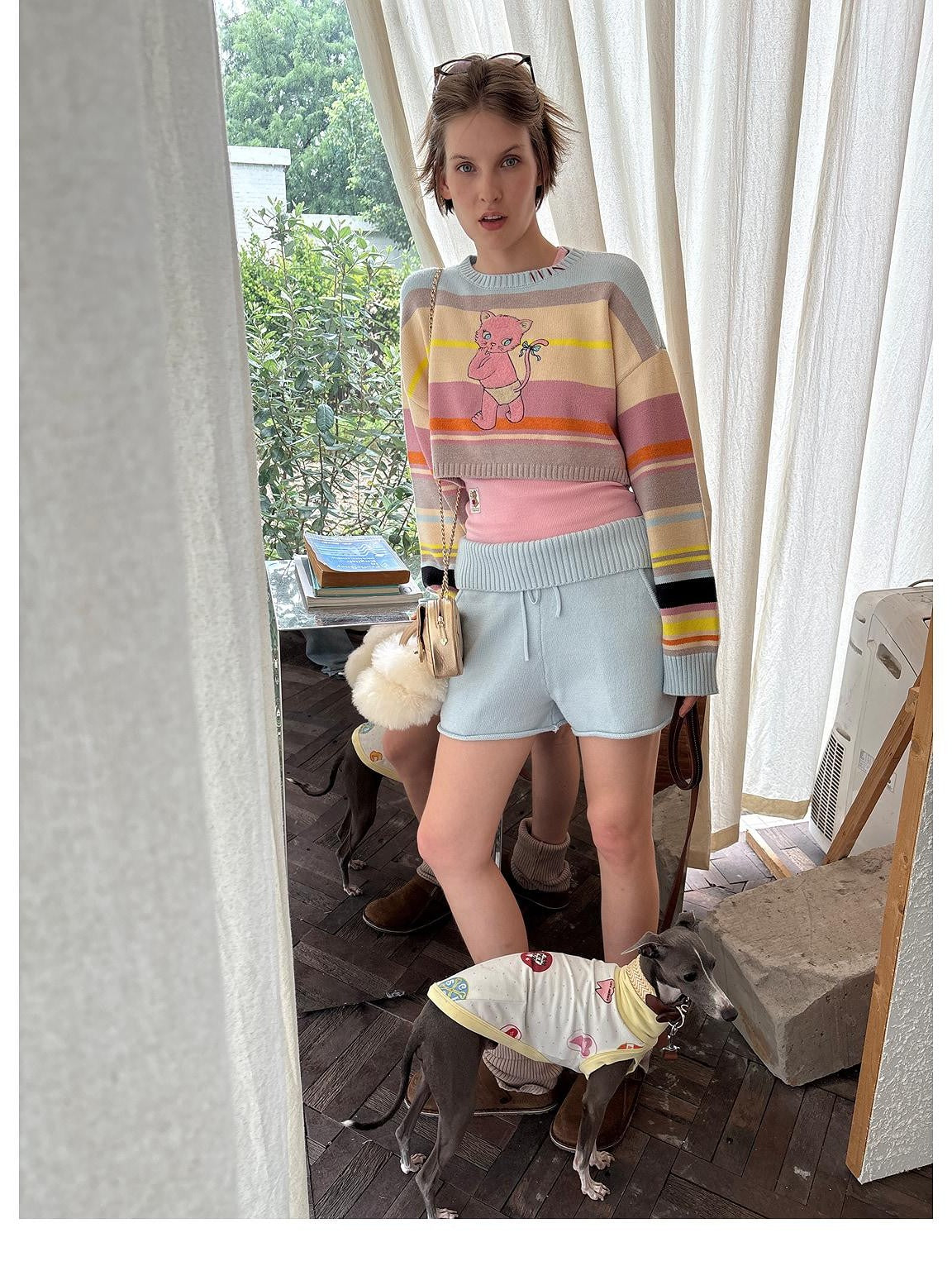 sancco house Playful Cat Retro Colorful Striped Knit Hooded Women&
